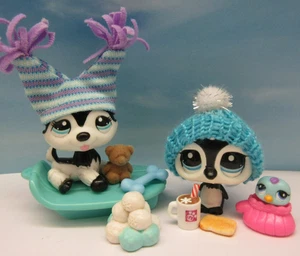 LITTLEST PET SHOP NERO BIANCO #2244 2246 CANE PINGUINO E HUSKY + CAPPELLO DA SLITTA ADOLESCENTE - Foto 1 di 13