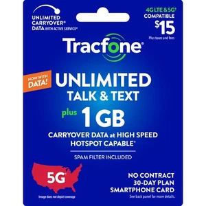 Tracfone 15 USD Nieograniczona rozmowa i tekst, 1 GB danych / 30 dni (karta fizyczna) - Zdjęcie 1 z 5