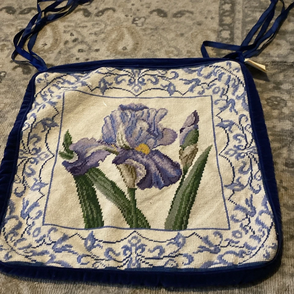 New Wool Needlepoint Chair Cover Case Handmade Blue Iris Seat Pad w Ties 18x18 - Image 1 of 1