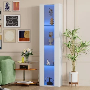 Hochschrank Vitrinenschrank Vitrine mit LED Glasvitrine Schrank Weiß Hochglanz - Bild 1 von 14