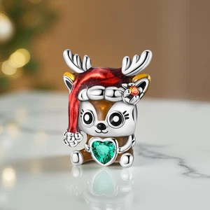 Green Gem Heart Baby Reindeer Winter Holiday Charm 925 Sterling Silver Charm - Picture 1 of 1