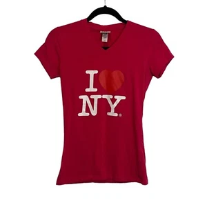 I Love New York Pink V Neck Graphic Tee Short Sleeve Heart Juniors Size L - Picture 1 of 8