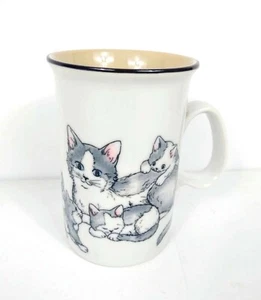 Vintage Katze & Kätzchen Tasse - Kaffee, Tee - grau & weiß - einzigartig süß Haustier Geschenk Tasse - Bild 1 von 9