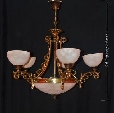 Chandelier pendant light art deco heavy bronzed brass five arm C1970 nine light - Image 1 of 4