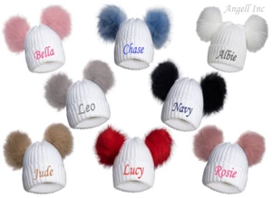 PERSONALISED BABY FUR POM POM HAT KNITTED WINTER WHITE PINK BLUE GREY GIFT 0-12m - Picture 1 of 10