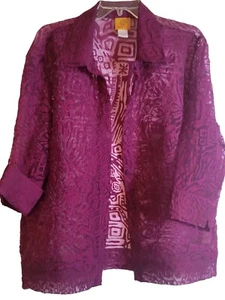 RUBY ROAD SIZE 18 BLOUSE WINE TEXTURED SHEER 3/4 CUFFED SLEEVE BUTTON FRONT - Picture 1 of 8