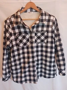 Mens DOUBLJU  Black/White/Gray PLaid Sherpa-Lined Winter Button-Down Size M - Picture 1 of 7