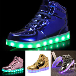 Kids Shoes USB Flat Luminous Trainers Unisex Top High Up Light LED Boys Sneakers