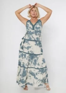 Rue 21 Women's Teal Tie Dye Tiered Maxi Dress Size SMALL V-Neck Empire Waist New - Picture 1 of 2