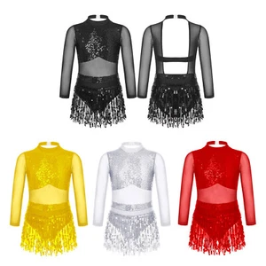 Kids Girls Sequins Tassel Latin Jazz Dance Costume Long Sleeve Dress AU - Picture 1 of 29