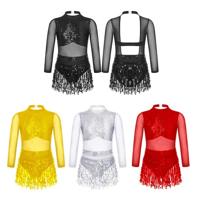 Girls Ballet Latin Jazz Dance Dress Mesh Sequins Tassel Leotard Ballroom Costume - Image 1 of 3