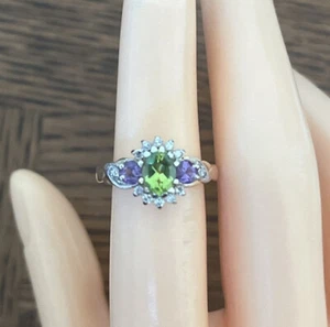 9ct Yellow Gold 1ct Peridot, Amethyst & Diamond Cluster Ring, UK Size K - Picture 1 of 7