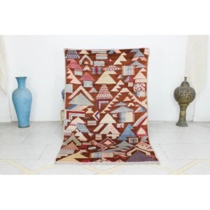 Moroccan Red Wool Rug Handmade Berber Rugs Geometric Azilal Boujaad Carpet 4 x 8 - Picture 1 of 10