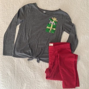 Outfit Mädchen XL Weihnachten Urlaub - graues Oberteil & rote Hose Katze Geschenk Flip Pailletten - Bild 1 von 12