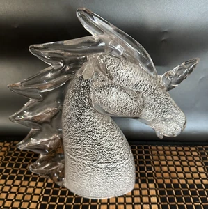 MURANO SIGNED SERENA Q. ART GLASS FULL SILVER FLECK TWISTED UNICORN HEAD FIGURE - Picture 1 of 14