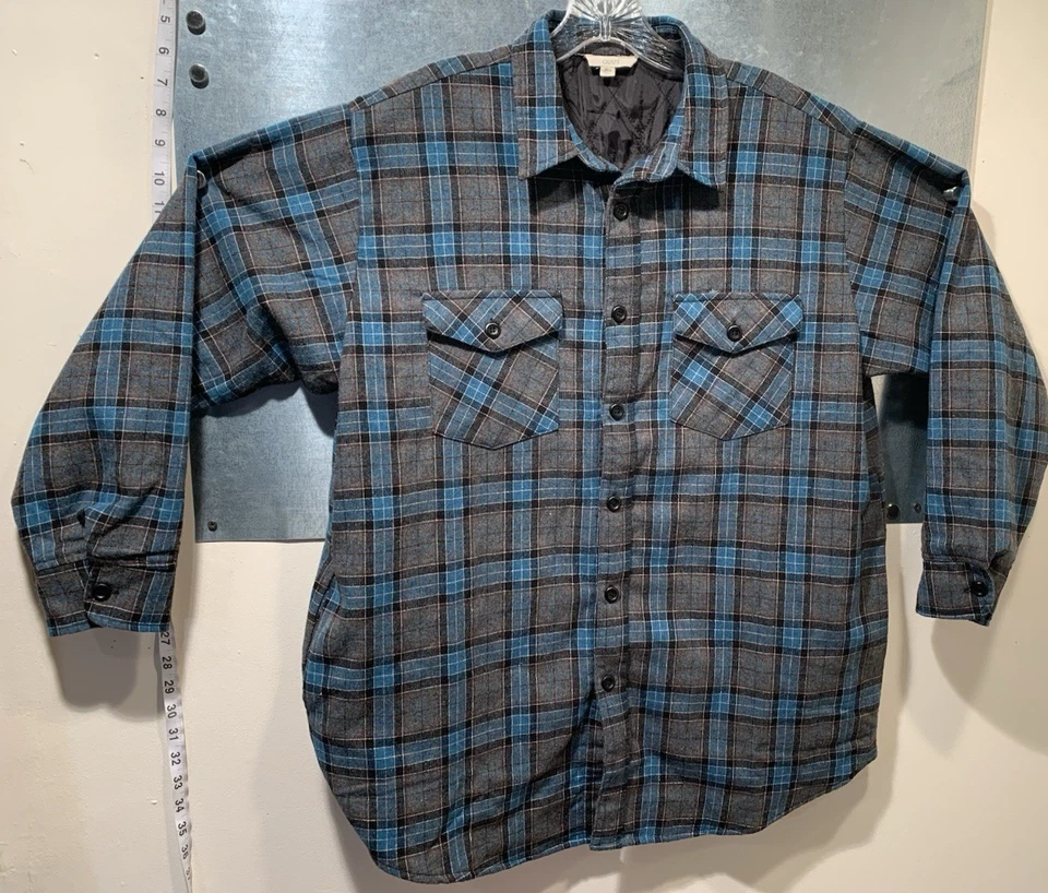 Camisa/jaqueta xadrez masculina flanela pesada forrada com colcha estranha 4 bolsos grande azul/cinza - Imagem 1 de 4
