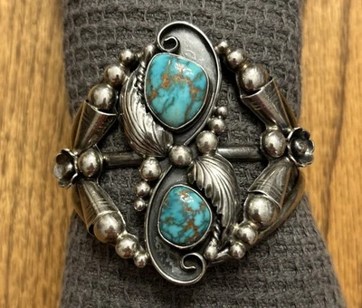 MASIVO Brazalete Turquesa Plata Esterlina Nativo Americano Vintage 75g Foto 1 de 4