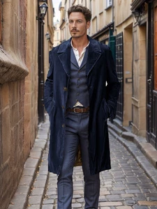 Men Corduroy Trench Coat French Business Overcoat Winter Warm Windbreaker Jacket - Picture 1 of 15