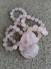 Antique Chinese Carved Pink Rose Quartz Plum Pendant Bead Necklace, Knotted H1