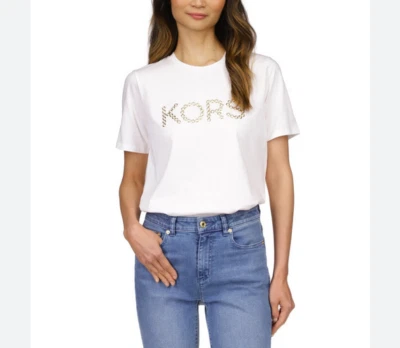 Camiseta Feminina Michael Kors Branca Dourada Bling MK Logo Stud Tamanho M G GG Nova Com Etiqueta - Imagem 1 de 4