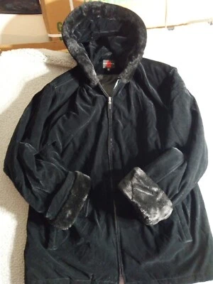 GALLERY女式人造毛皮/天鹅绒全衬里黑色大衣大号 — 第 1/4 张图片