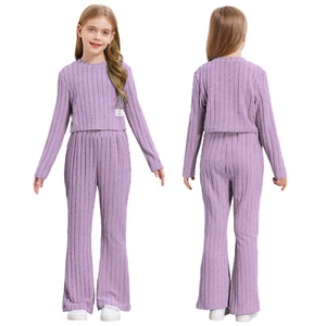 Kids Girls Sweater With Trousers Elastic Waistband Tracksuit Long Sleeve Flared - Picture 1 of 34