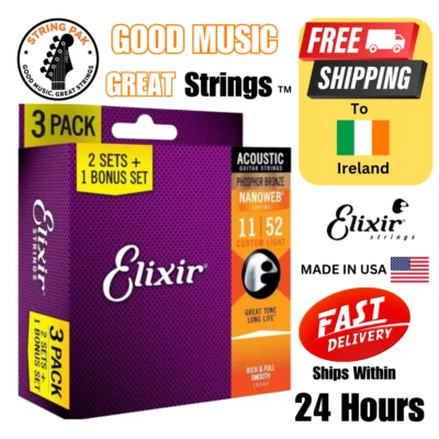 *3 SETS ELIXIR 16544 NANOWEB ACOUSTIC GUITAR STRINGS  11-52 PHOSPHOR BRONZE - Image 1 of 4