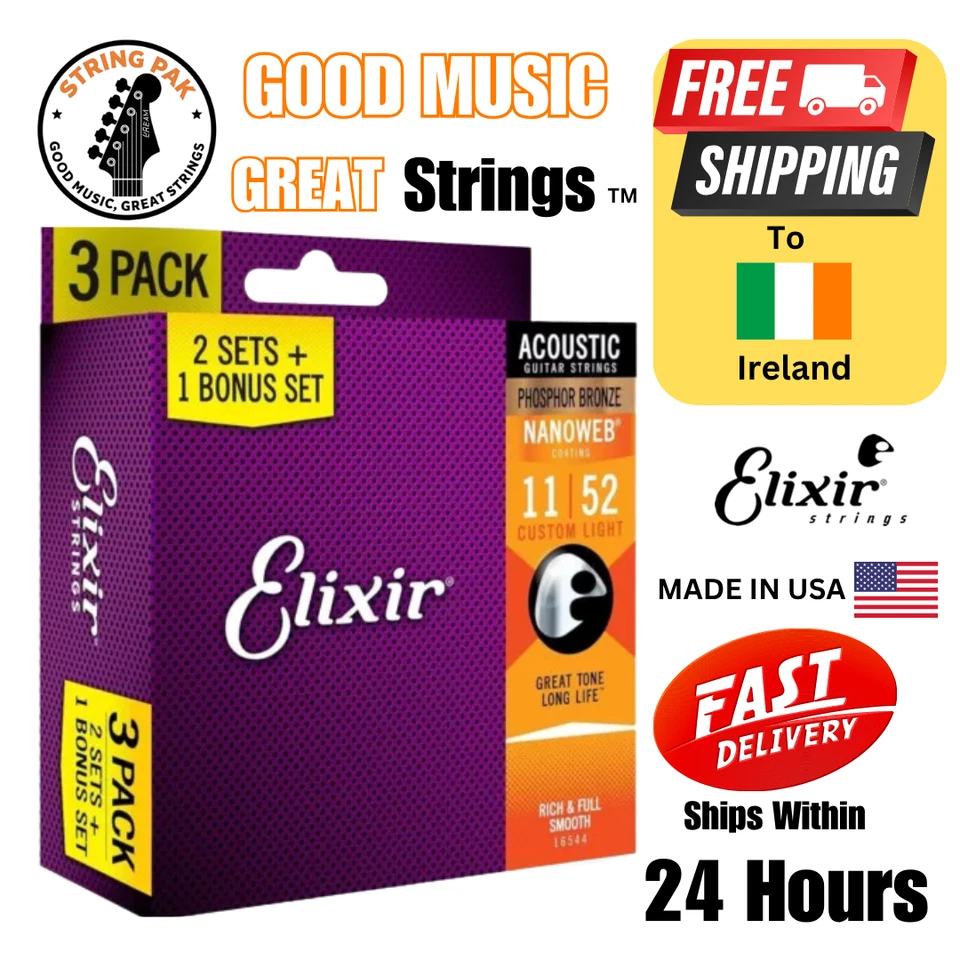 *3 SETS ELIXIR 16544 NANOWEB ACOUSTIC GUITAR STRINGS  11-52 PHOSPHOR BRONZE - Image 1 of 4