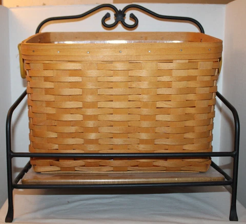 LONGABERGER NEWSPAPER BASKET,   WROUGHT IRON STAND, NEW SHELF, PROTECTOR DIVIDER Cover