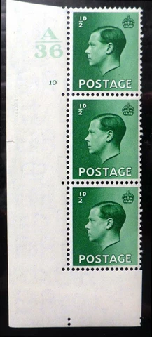 GB 1936 Ed.VIII - ½d Cyl Strip of 3 U/M A36 No Dot SALE NR252 Cover