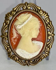 Cameo on Terra-Cotta Handmade Vintage Gold Pin Brooch D-7607 - Picture 1 of 3