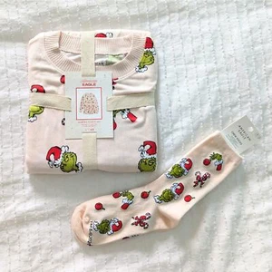 2024 American Eagle Grinch Candy Cane Pink Pajamas & Crew Socks size Small - Picture 1 of 5