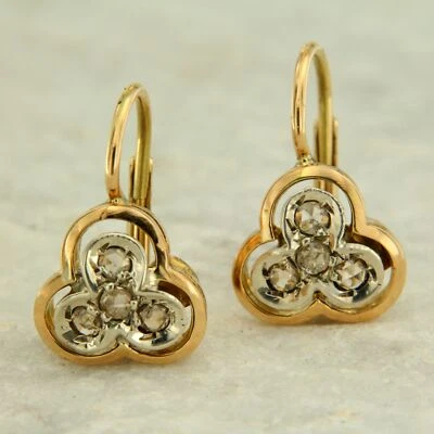14k Solid Real Yellow GOLD and Rose Cut DIAMOND Drop Dangle Leverback Earrings - Image 1 of 4