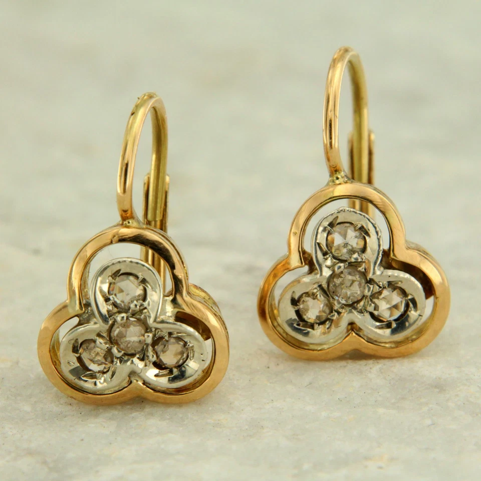 14k Solid Real Yellow GOLD and Rose Cut DIAMOND Drop Dangle Leverback Earrings - Image 1 of 4