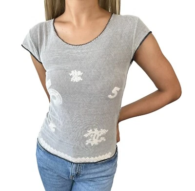 Top de malla con logotipo CC vintage 04P Chanel #34 algodón spandex blanco negro manga corta Foto 1 de 4