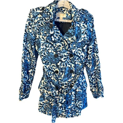 MICHAEL Kors Blue Paisley Belted Short Trench Coat Epaulets MS52H971PJ Medium - Image 1 of 4