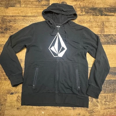Volcom Black Zip Up Hoodie Men's Size Medium Logo Print Pockets - Image 1 of 4