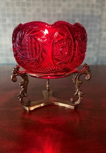 VINTAGE 1990ER JAHRE FENTON RUBINROT GLASSCHALE KERZENHALTER MIT MESSINGSTÄNDER - Bild 1 von 13
