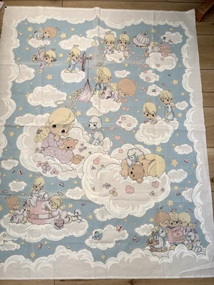 Vintage Precious Moments Fabric Panel Children on Clouds Awaiting New Baby - Image 1 of 4