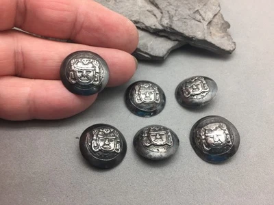 Sterling Silver Handmade Button set 6 Mexico Signed AEO Aztec Mask 18mm Shank - Image 1 of 4