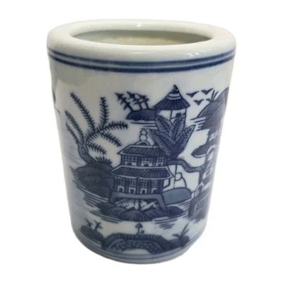 Antique Chinese Canton Hand Painted Porcelain Brush Pot Blue White - Image 1 of 4