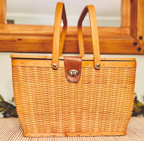 Vintage Woven Basket Sewing Picnic Storage Leather Strap Blue Check Liner EUC Cover