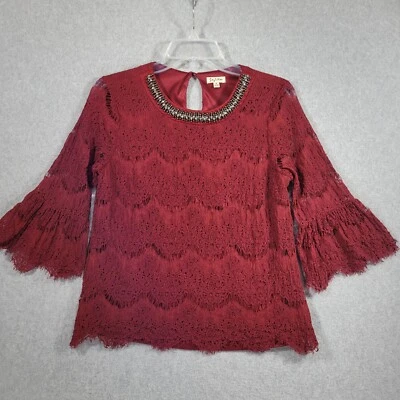 Lily White Lace Top M Maroon Jeweled Beaded Neckline Lined 3/4 Bell Lace Sleeve - Image 1 of 4