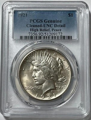 1921 Peace dollar PCGS Unc cleaned (#19693) Nice strike & surfaces would look - Image 1 of 2