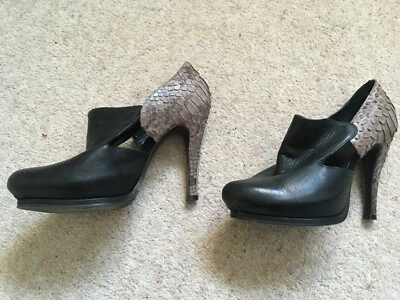 ALL SAINTS BLACK LEATHER AND TAUPE MOCK SNAKE STILETTO SHOES 4 (37) - Image 1 of 4