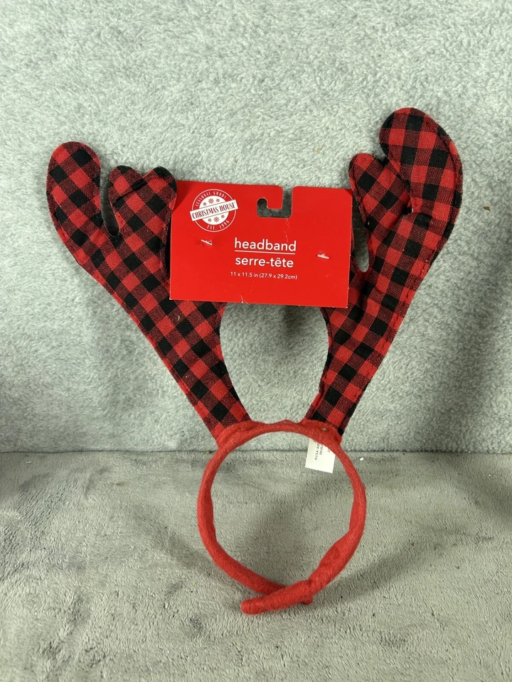 Diadema de cuerno de reno - Estampado de franela roja y negra Tema de vacaciones de Navidad Foto 1 de 4