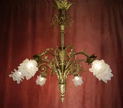 HIGH ANTIQUE BRONZE CHANDELIER SATINED GLASS SHELLS OLD 6 LAMPS Ø 33" - Image 1 of 4