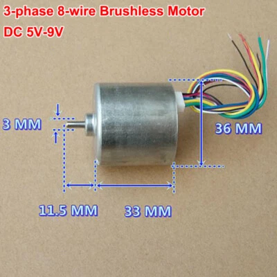 Micro Mini 36mm DC Brushless Motor 3-phase 8-wire Hall Sensor DC 6V-9V 7600RPM