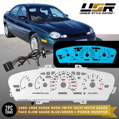 BLUE/GREEN Glow Gauge White Overlay For 95-99 Dodge Neon TACH Instrument Cluster - Image 1 of 4