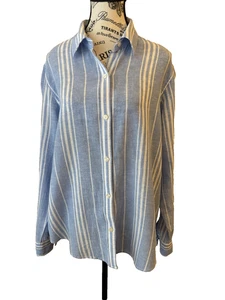 Chaps Women’s Blouse XL Button Up Long Sleeve Lt Blue/White Stripes Linen Blend - Picture 1 of 9